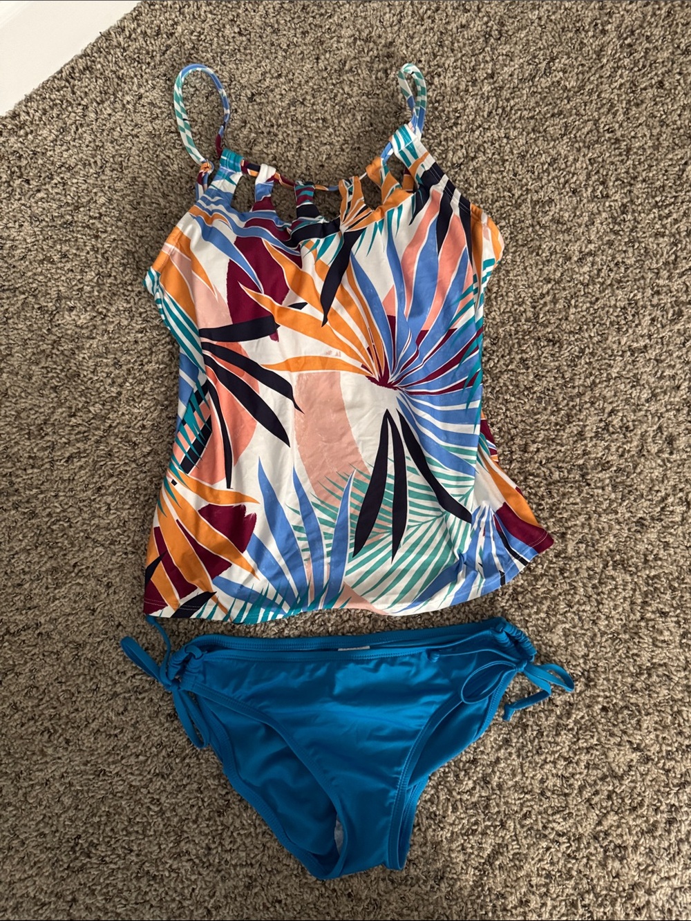 Girls Tropical Print Tankini Swim Set in Teal & Multicolor